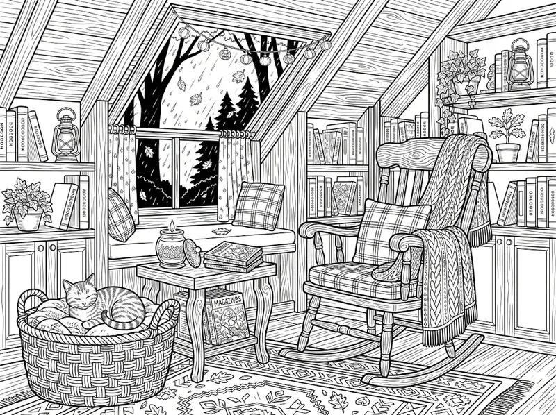 Cozy Autumn Reading Nook Coloring Pages