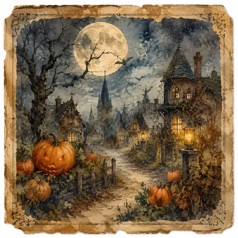 Halloween Watercolor Postcard Ephemera