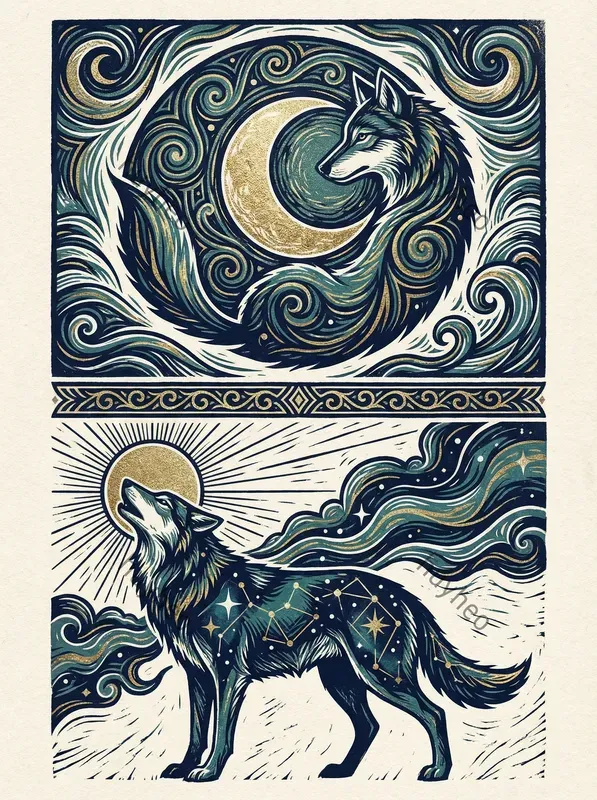 Celestial Gold Woodcut Diptych Art