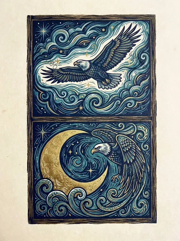 Celestial Gold Woodcut Diptych Art