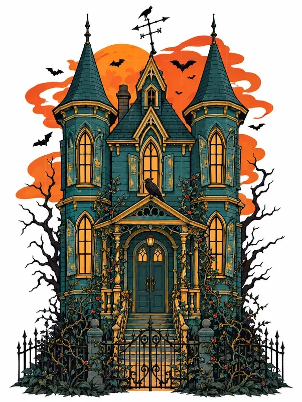 Haunted Victorian House Line Art