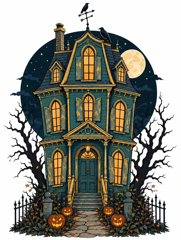 Haunted Victorian House Line Art