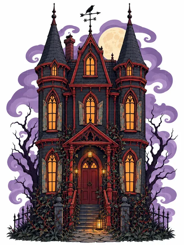 Haunted Victorian House Line Art