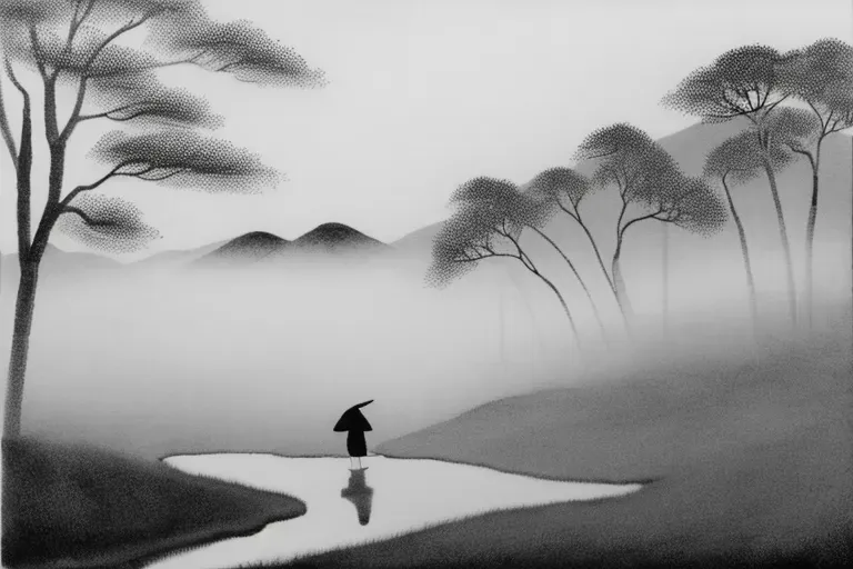Japanese Sumie Samurai Landscape Art