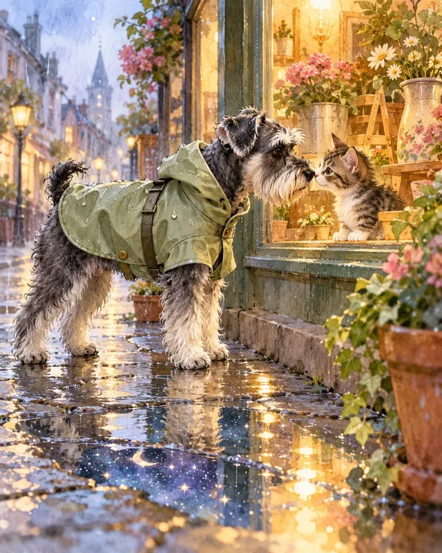 Watercolor Dogs In Raincoats