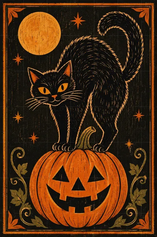 Halloween Folk Art Cats Crows Owls