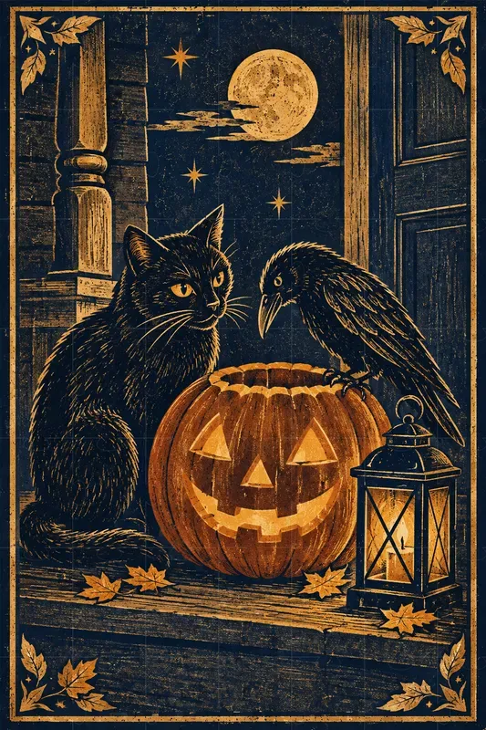 Halloween Folk Art Cats Crows Owls