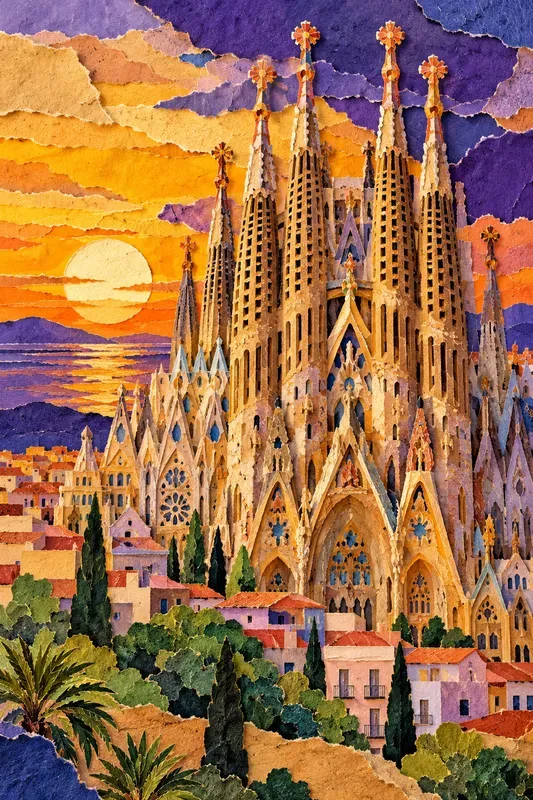 Vibrant Landmark Torn Paper Collage Art