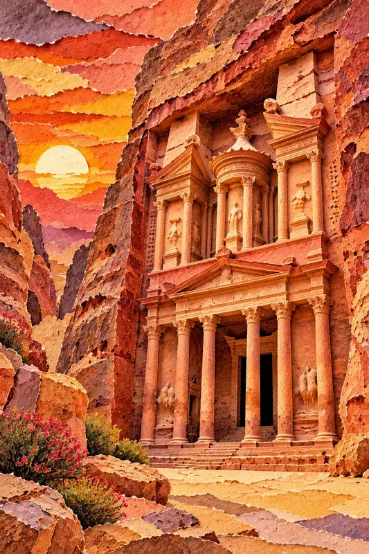 Vibrant Landmark Torn Paper Collage Art