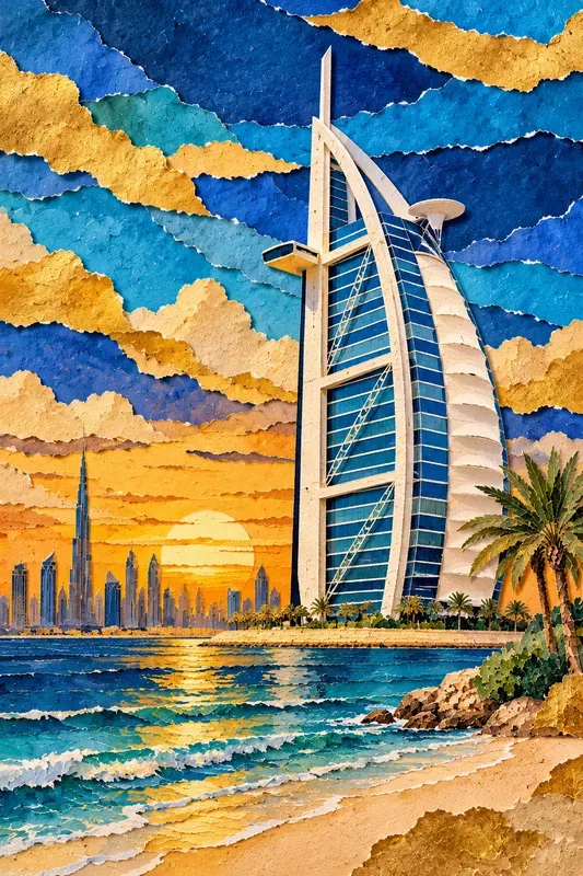 Vibrant Landmark Torn Paper Collage Art