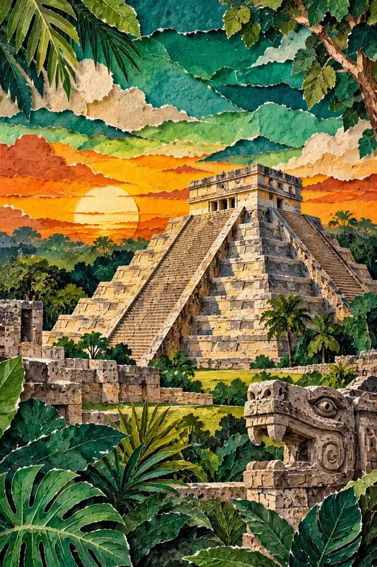 Vibrant Landmark Torn Paper Collage Art