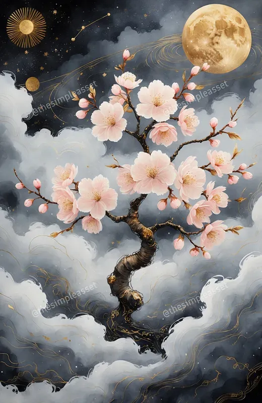 Mystical Lotus Celestial Gold Moon Art