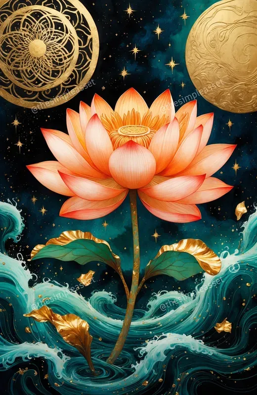 Mystical Lotus Celestial Gold Moon Art