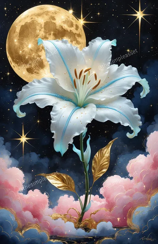 Mystical Lotus Celestial Gold Moon Art
