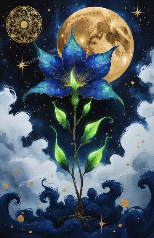 Mystical Lotus Celestial Gold Moon Art