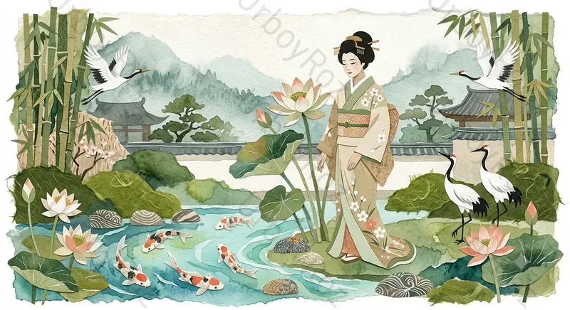 Japanese Washi Collage Illustrations