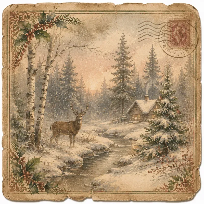 Christmas Watercolor Postcard Ephemera