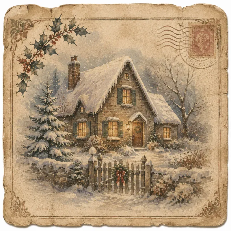 Christmas Watercolor Postcard Ephemera