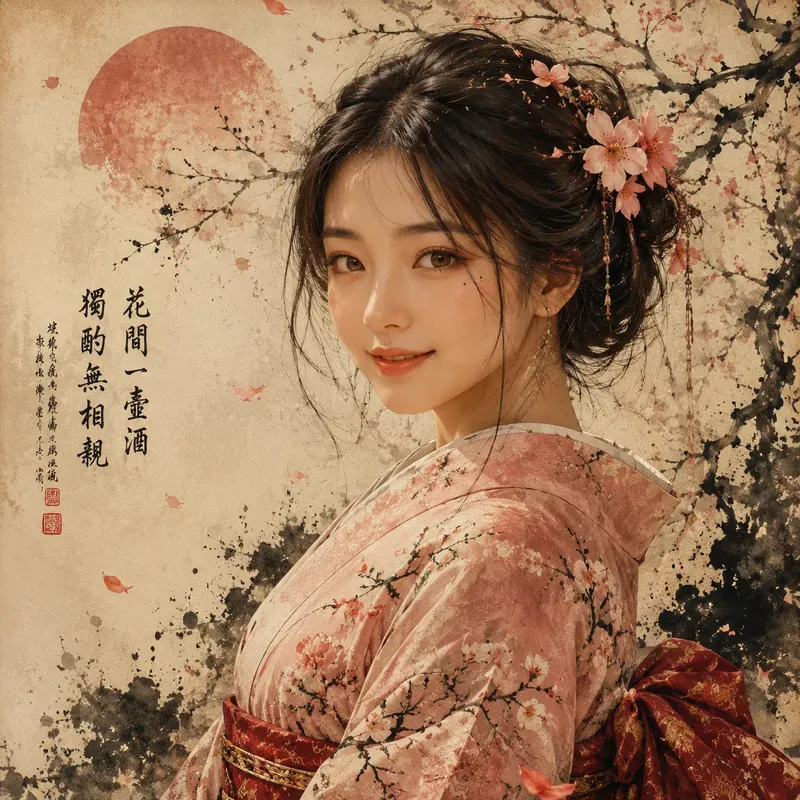 Japanese Ink Wash Kimono Portraits