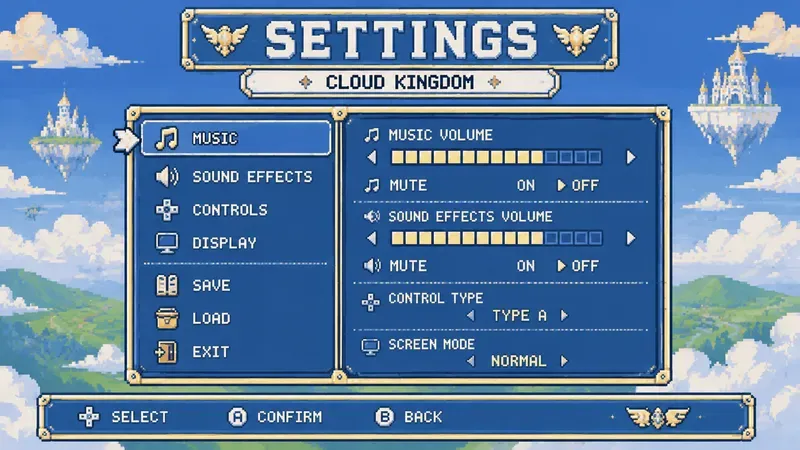 8bit RPG Settings Menu UI Screens
