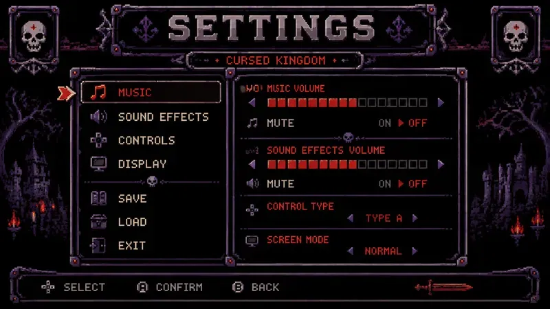 8bit RPG Settings Menu UI Screens