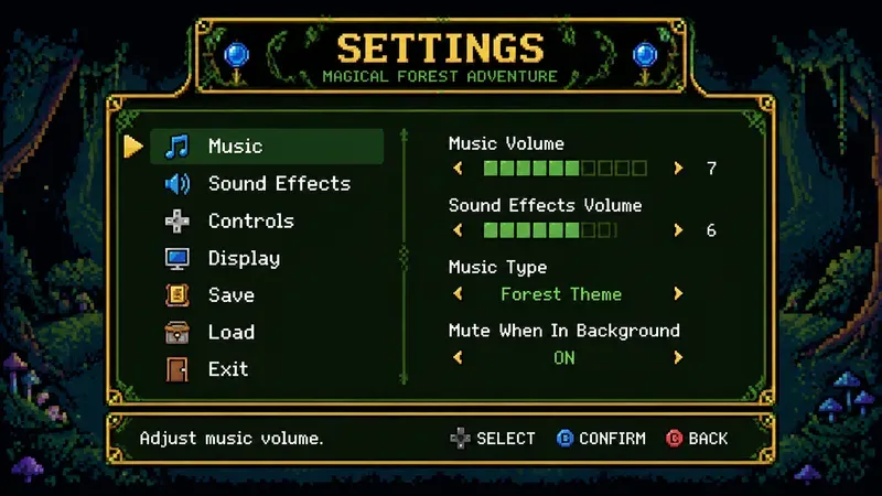8bit RPG Settings Menu UI Screens