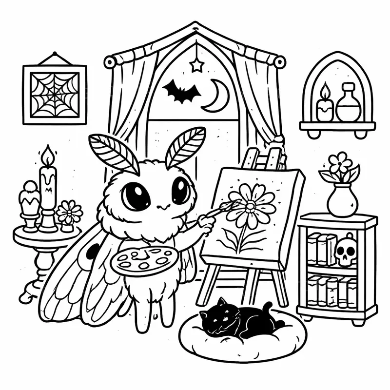 Cozy Gothic Nook Coloring Pages