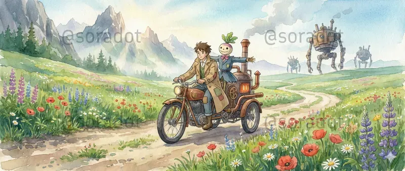 Whimsical Ghiblistyle Motorcycle Journeys