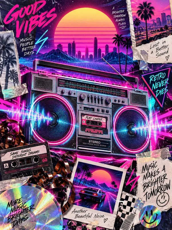 Neon 80s Synthwave Scrapbook Assets