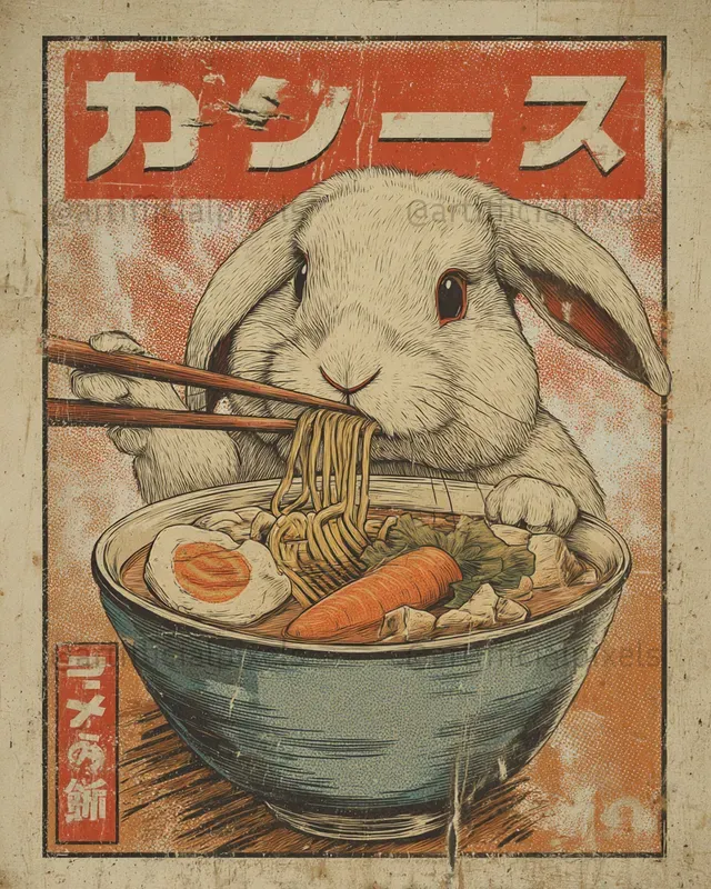 Animals Eating Ramen Vintage Posters