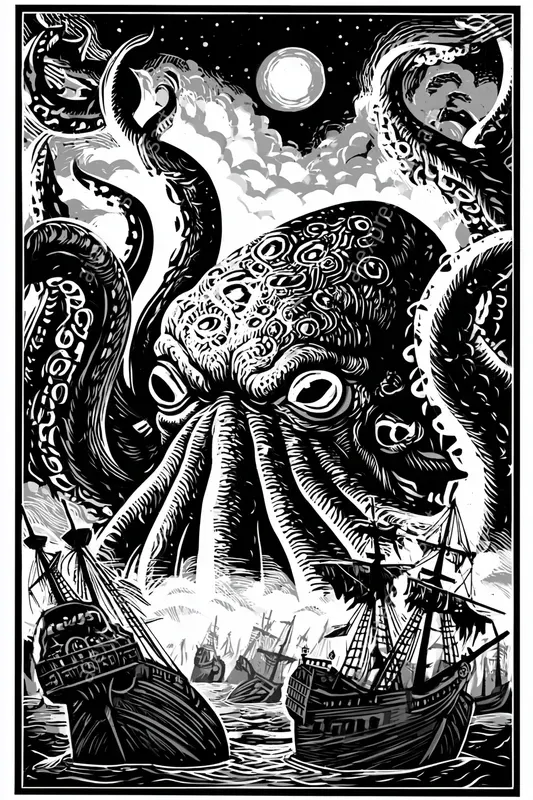 Deep Sea Cosmic Horror Linocut Art