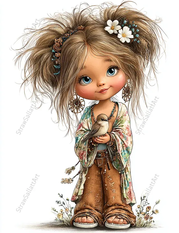 Spring Boho Girls Whimsical Cliparts