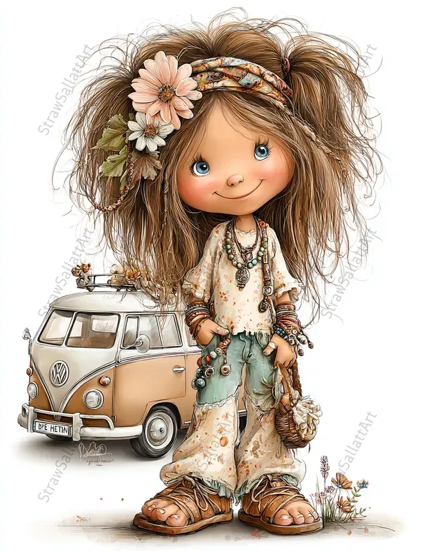 Spring Boho Girls Whimsical Cliparts