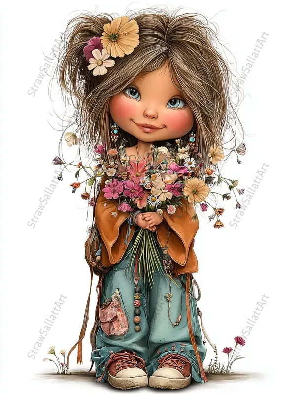 Spring Boho Girls Whimsical Cliparts