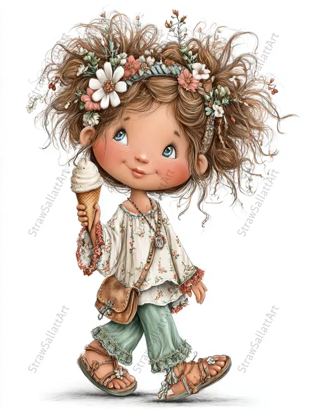 Spring Boho Girls Whimsical Cliparts