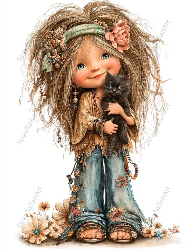 Spring Boho Girls Whimsical Cliparts