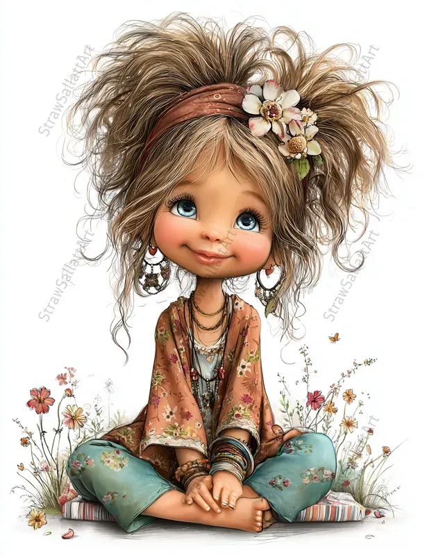 Spring Boho Girls Whimsical Cliparts