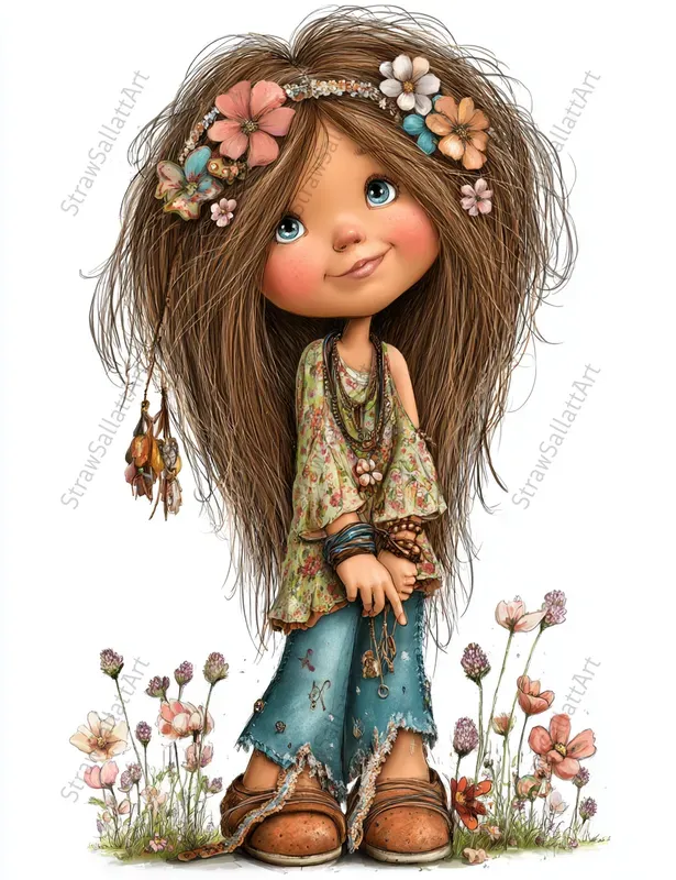 Spring Boho Girls Whimsical Cliparts
