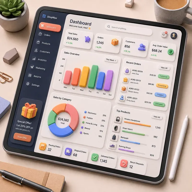 3D Claymorphic Dashboard UI Renders