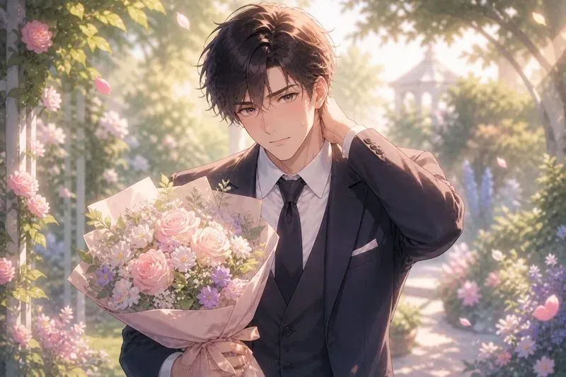 Nervous Men Holding Flowers In Gardens