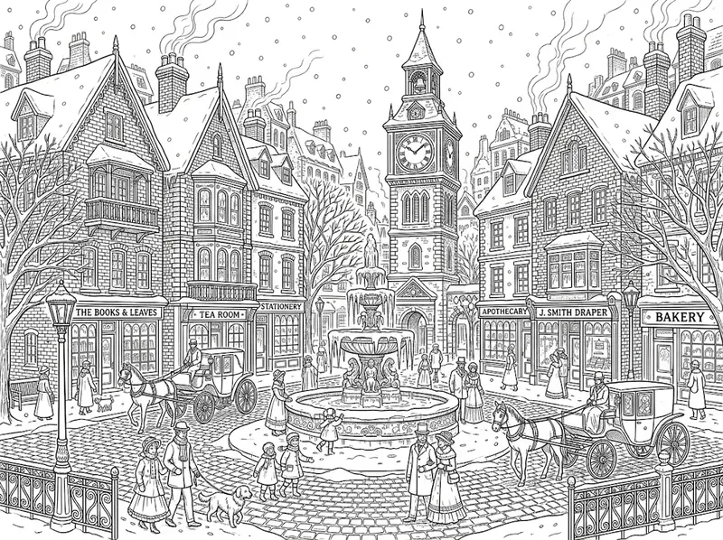 Victorian Winter Town Coloring Pages