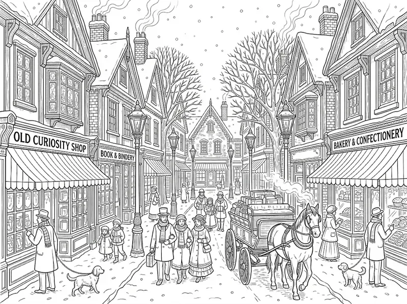 Victorian Winter Town Coloring Pages