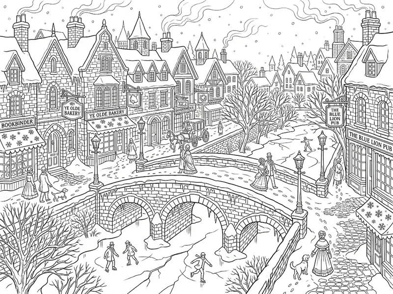 Victorian Winter Town Coloring Pages