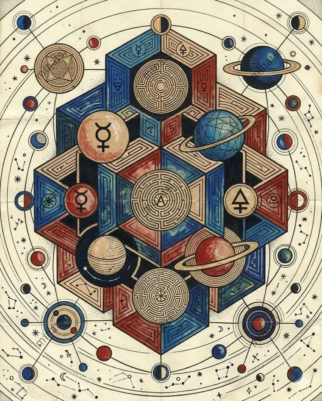 Abstract Celestial Diagram Gouache Art