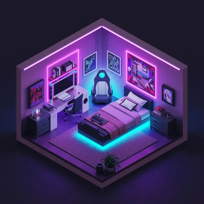 3D Isometric Neon Gaming Rooms