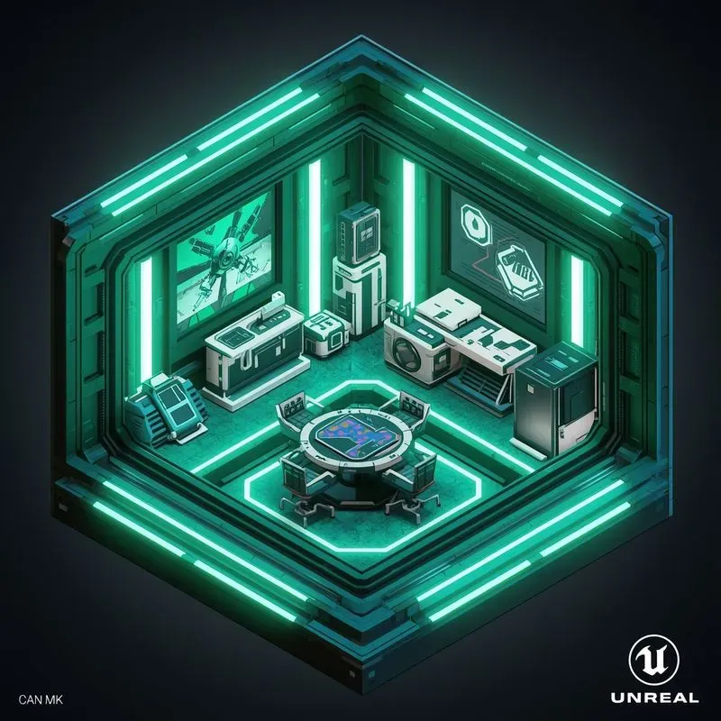3D Isometric Neon Gaming Rooms