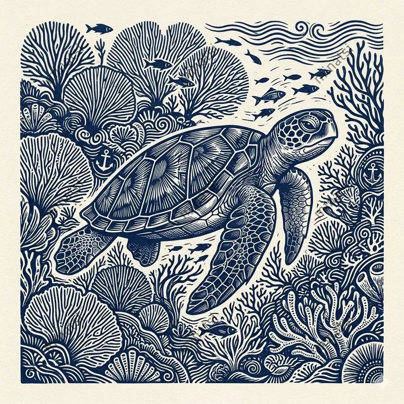 Vintage Marine Linocut Pattern Art