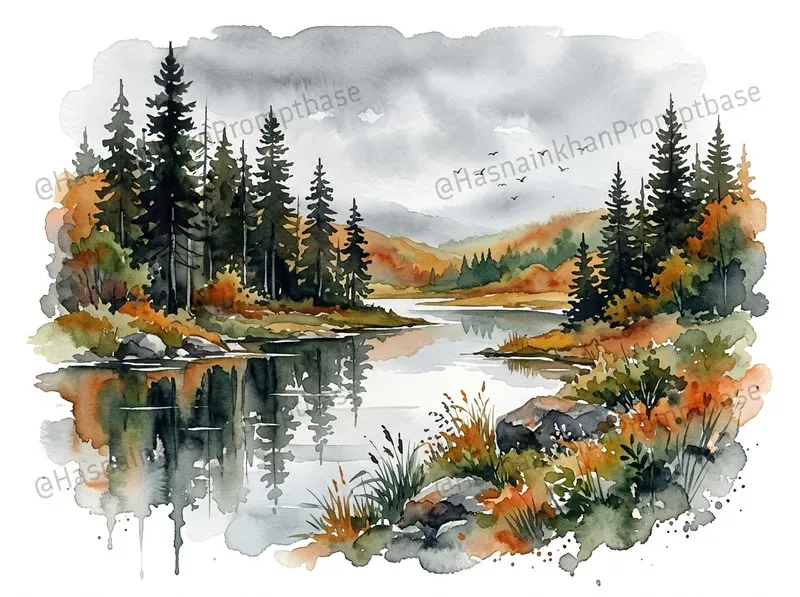Watercolor Forest Lake Clipart