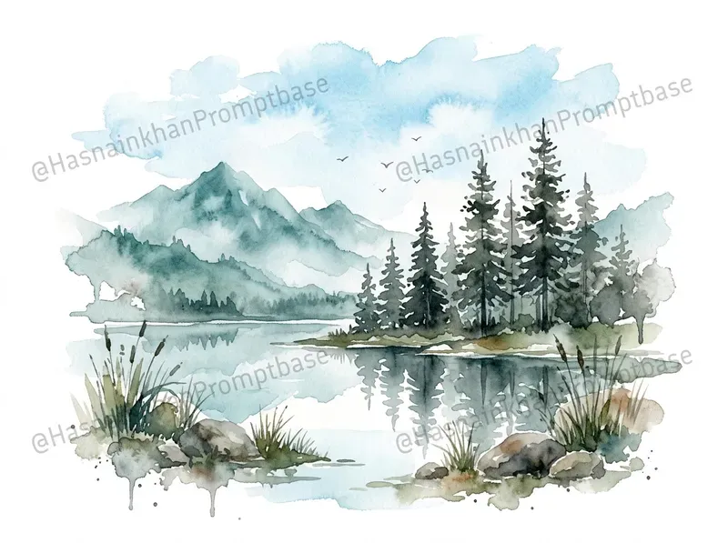 Watercolor Forest Lake Clipart