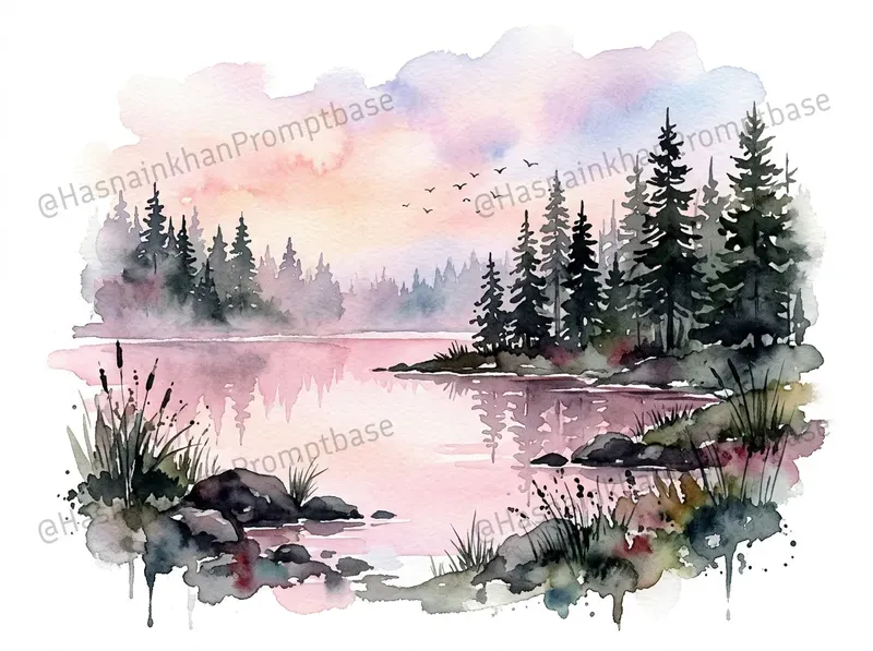 Watercolor Forest Lake Clipart